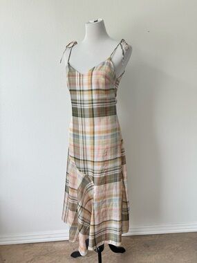 Zara Plaid Tie-Strap Midi Dress in Pastel Pink and Olive